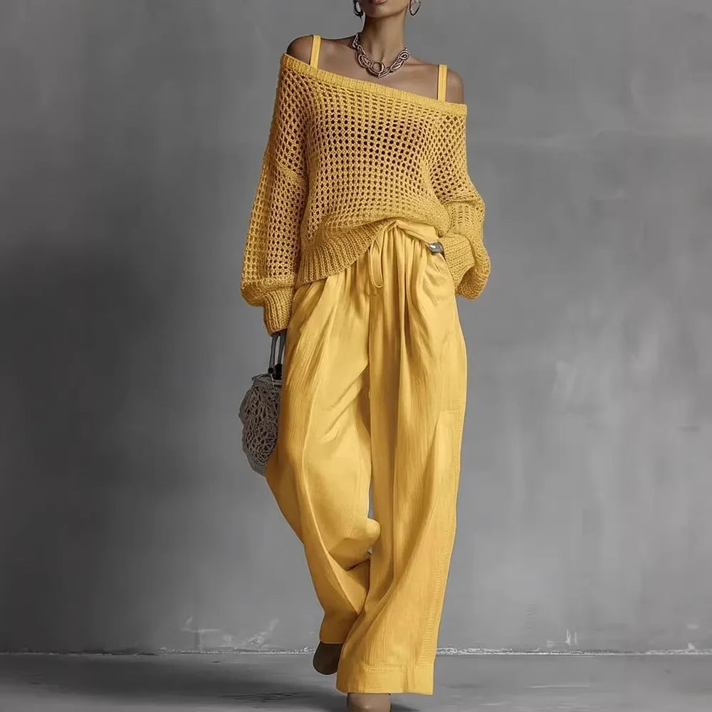 Women's Off-Shoulder Wide-Leg Two-Piece Set | Elegant Textured Trouser Co-Ord