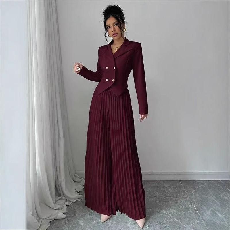 Suit Set | Double Breasted Blazer and Pleated Wide Leg Pants