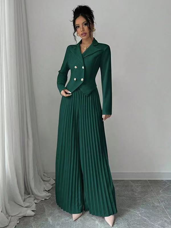 Suit Set | Double Breasted Blazer and Pleated Wide Leg Pants