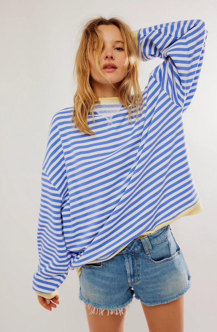 Sweatshirt | Oversized Striped Contrast-Trim Casual Top | Bold Comfortable