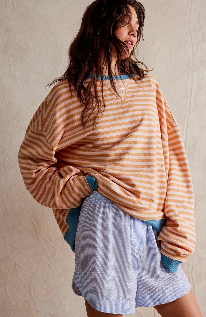 Sweatshirt | Oversized Striped Contrast-Trim Casual Top | Bold Comfortable