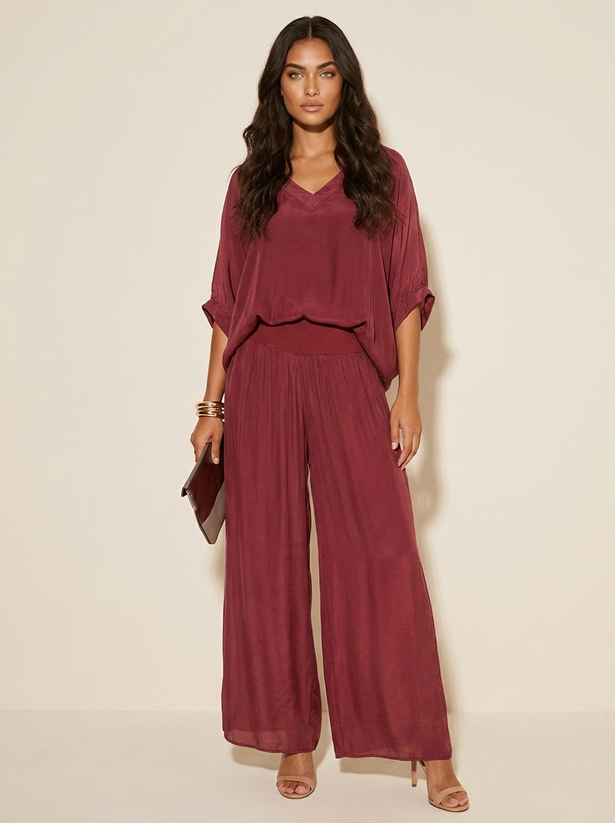 Two-Piece Set | Elegant V-Neck Top with Wide Trousers