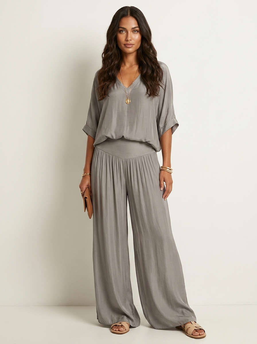 Two-Piece Set | Elegant V-Neck Top with Wide Trousers