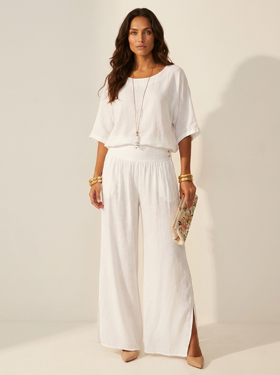 Two-Piece Set | Elegant V-Neck Top with Wide Trousers