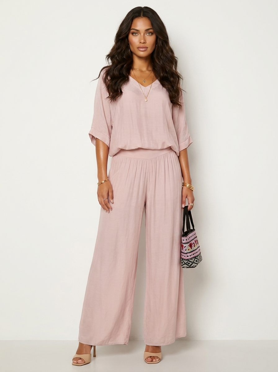 Two-Piece Set | Elegant V-Neck Top with Wide Trousers