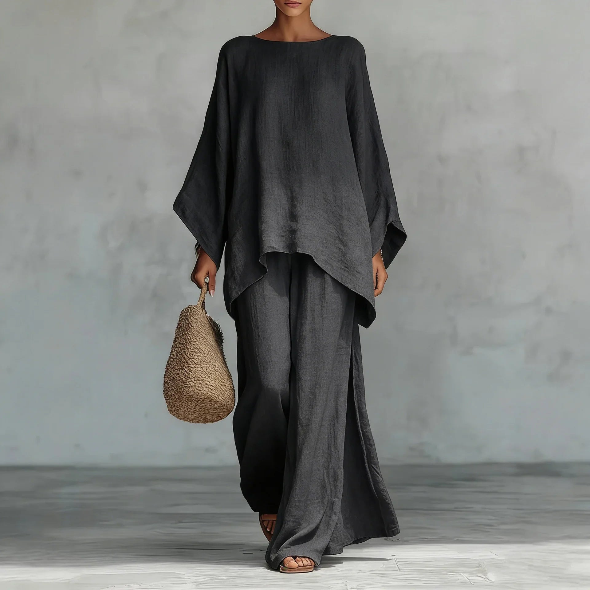 Two Piece Set | Modern Asymmetrical Top and Wide Leg Pants | Elegant Comfortable Design