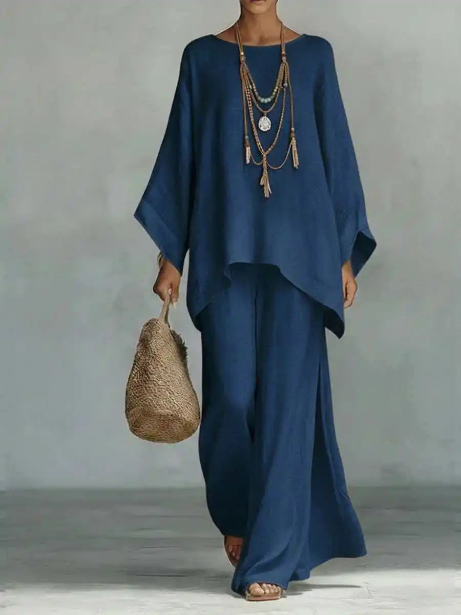 Two Piece Set | Modern Asymmetrical Top and Wide Leg Pants | Elegant Comfortable Design