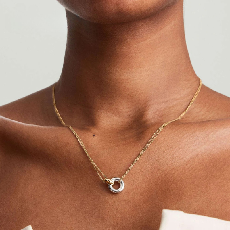 Women's Stainless Steel Interlocking Ring Necklace | Minimalist Two-Tone Pendant Necklace