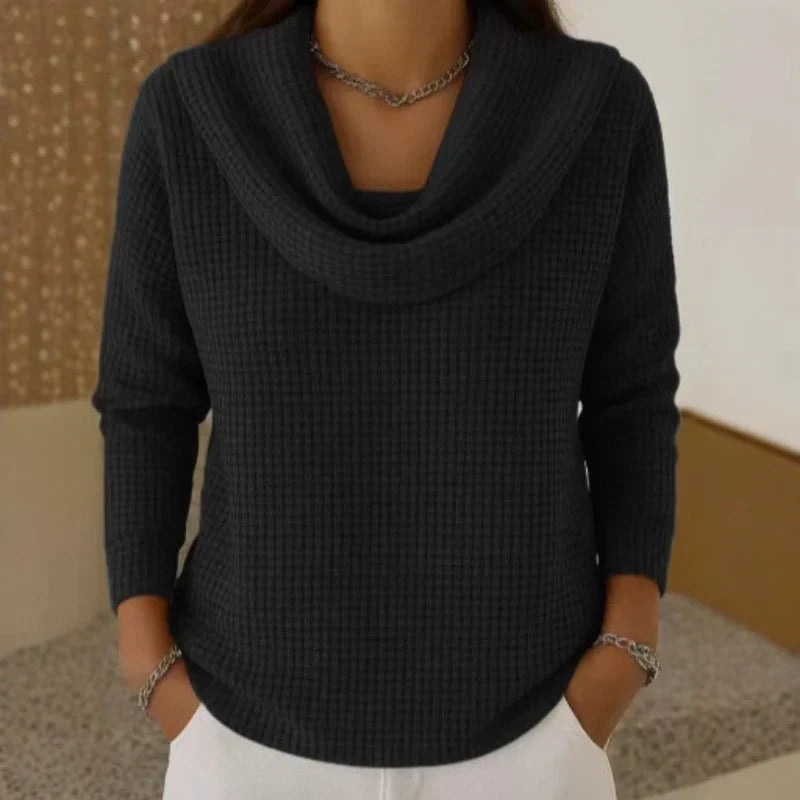 Women's Cowl-Neck Waffle Sweater | Cozy Draped Pullover