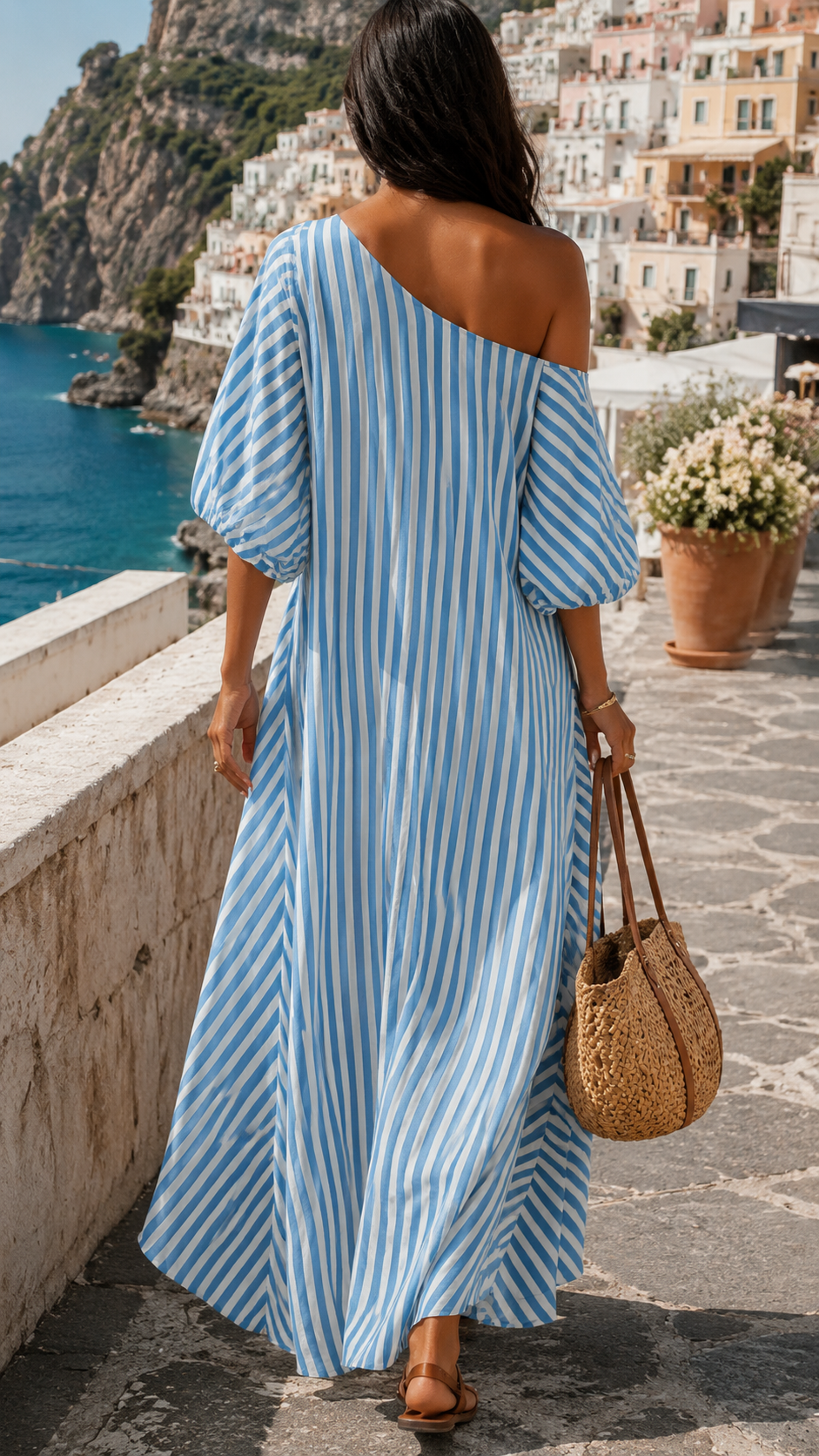 Women's Striped Asymmetric Maxi Dress | Elegant Wide-Sleeve Maxi Dress