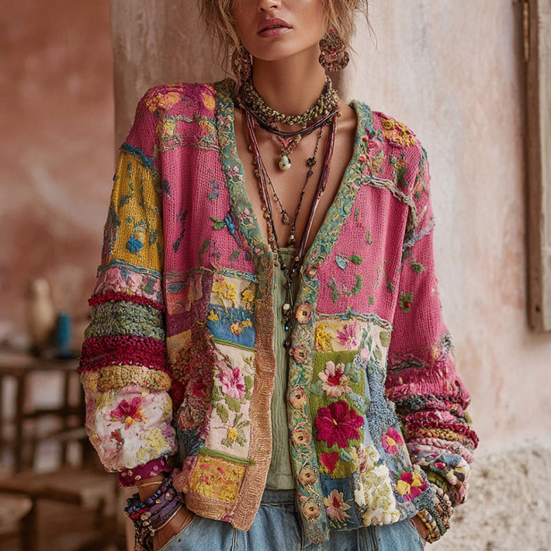 Women's Patchwork Knit Cardigan | Cozy Boho Floral Layer