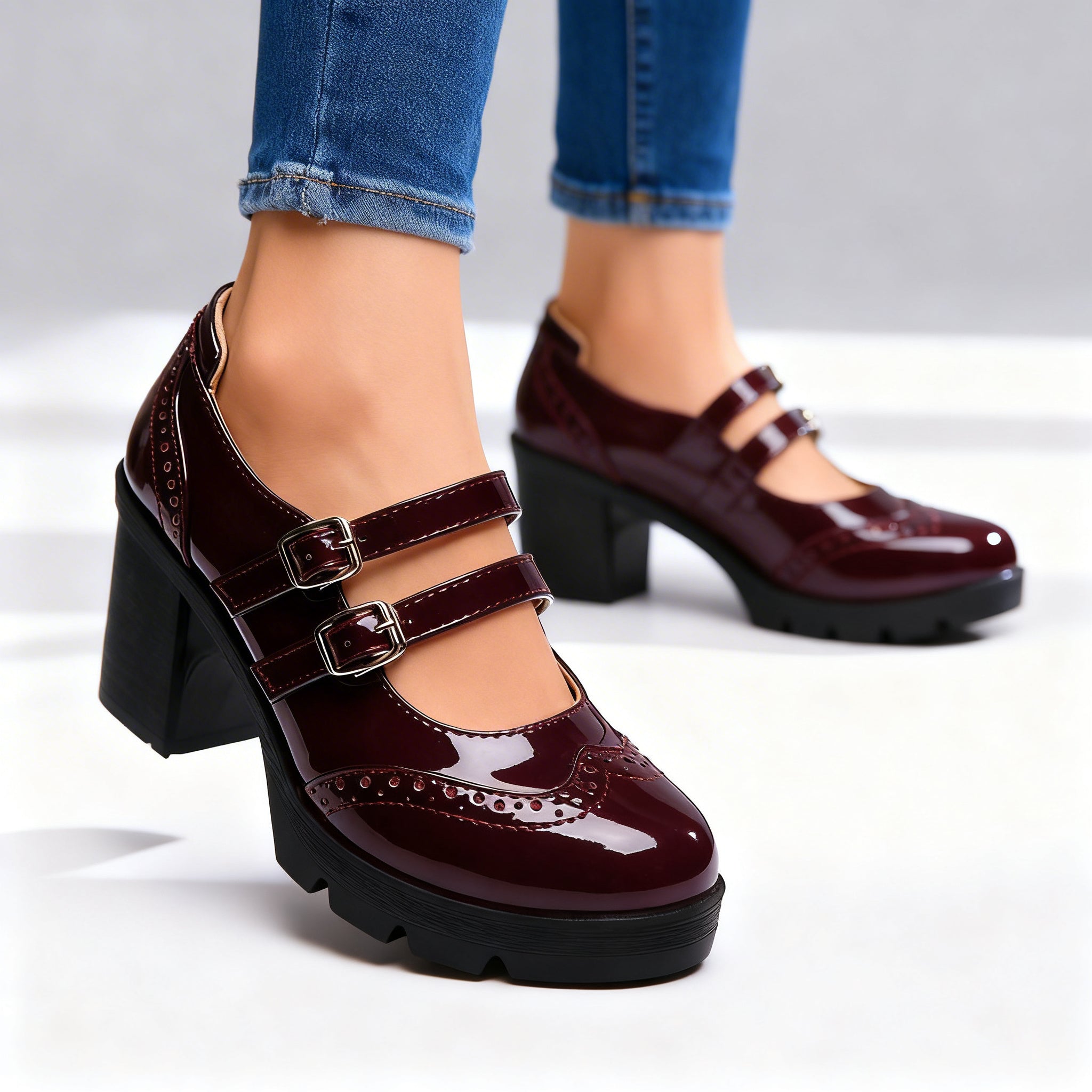 Women's Double Strap Platform Mary Jane Heels | Chunky Vintage Block Heels