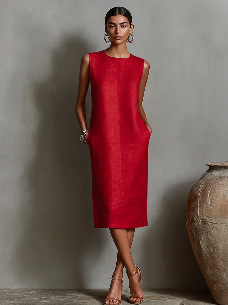Women's Sheath Dress | Sleeveless Round-Neck Midi Dress with Pockets