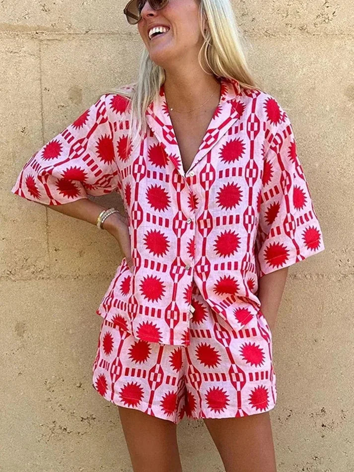 Women's Geometric Print Shirt And Shorts Set | Playful Lightweight Summer Set