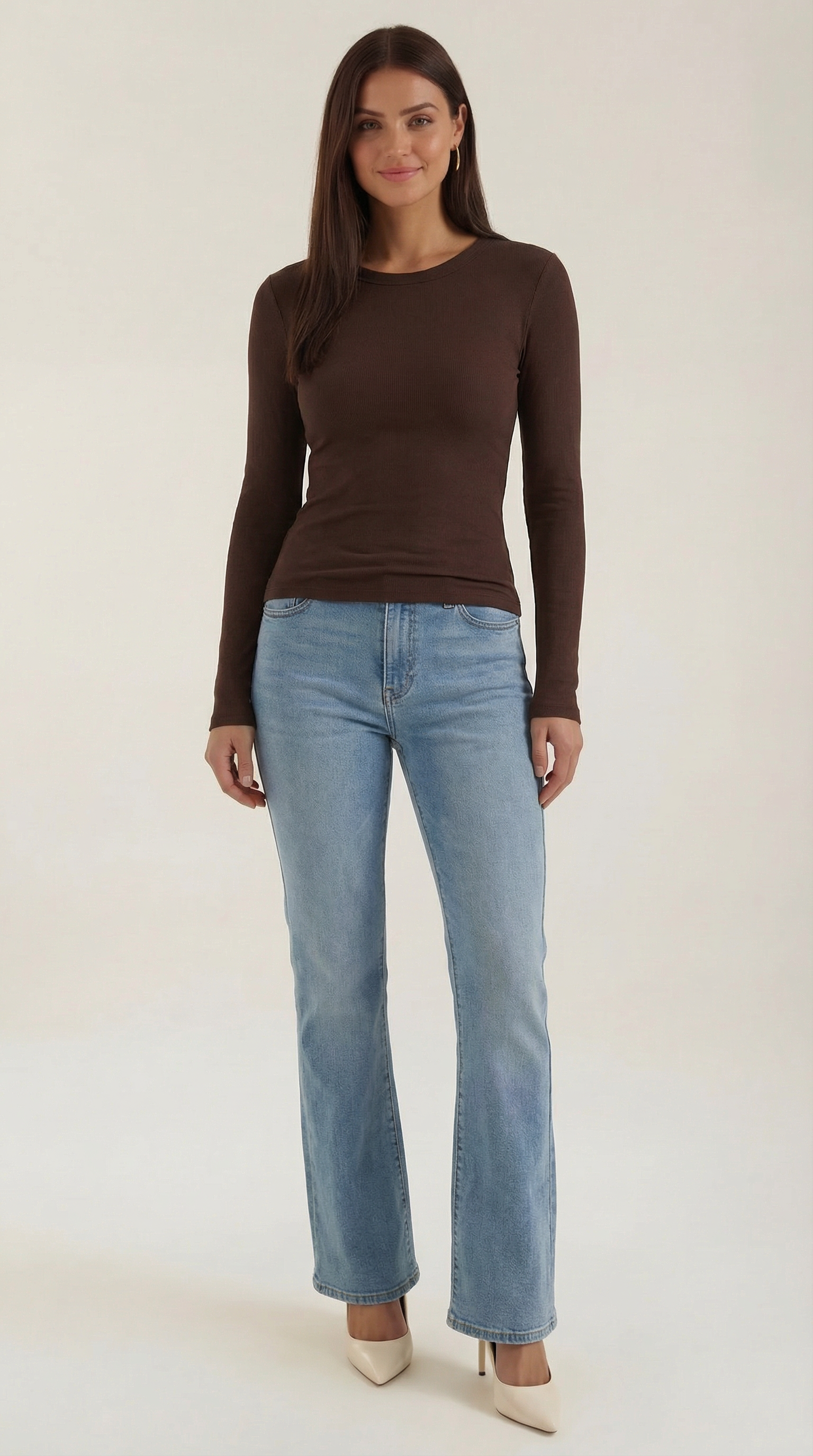 Women's Ribbed Long-Sleeve Fitted T-Shirt | Soft Round-Neck Layering Top
