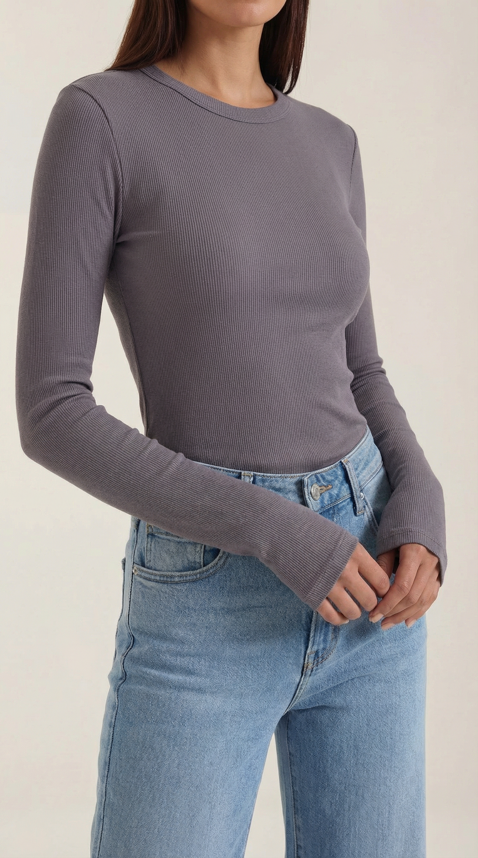 Women's Ribbed Long-Sleeve Fitted T-Shirt | Soft Round-Neck Layering Top