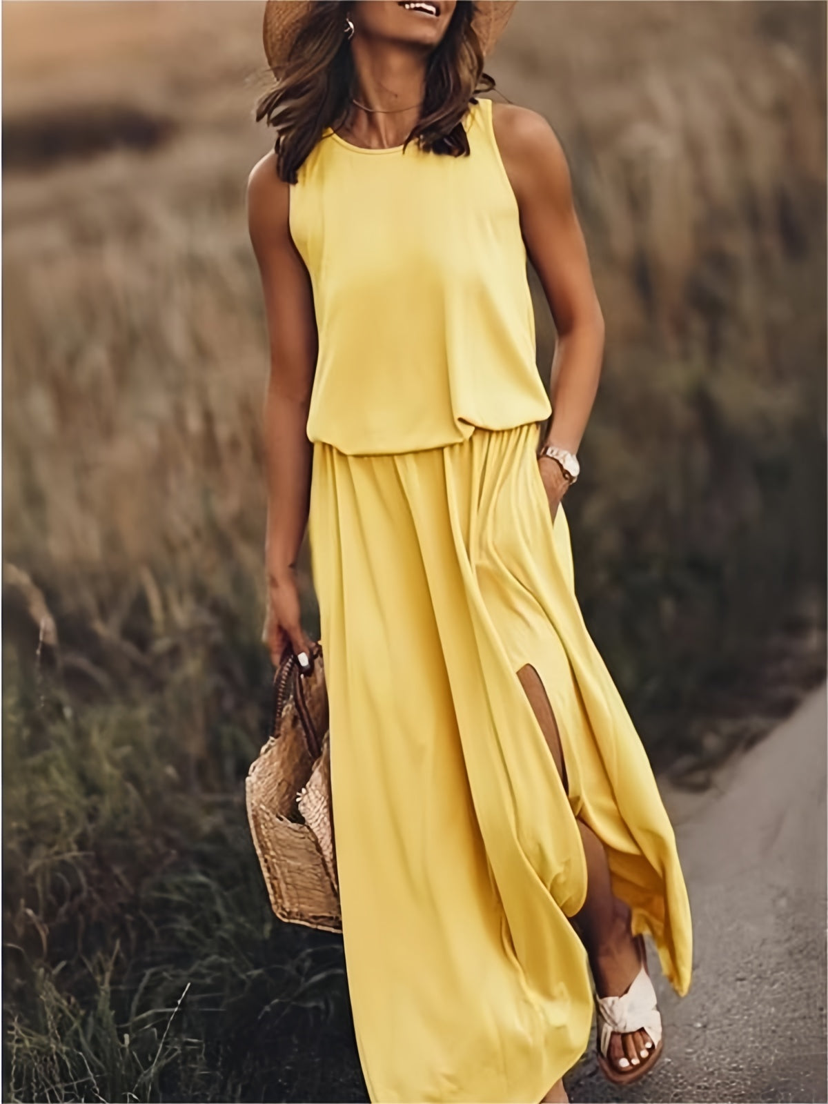 Tessa Blouson Maxi Dress | Round Neck Sleeveless Elastic Waist Side Slit