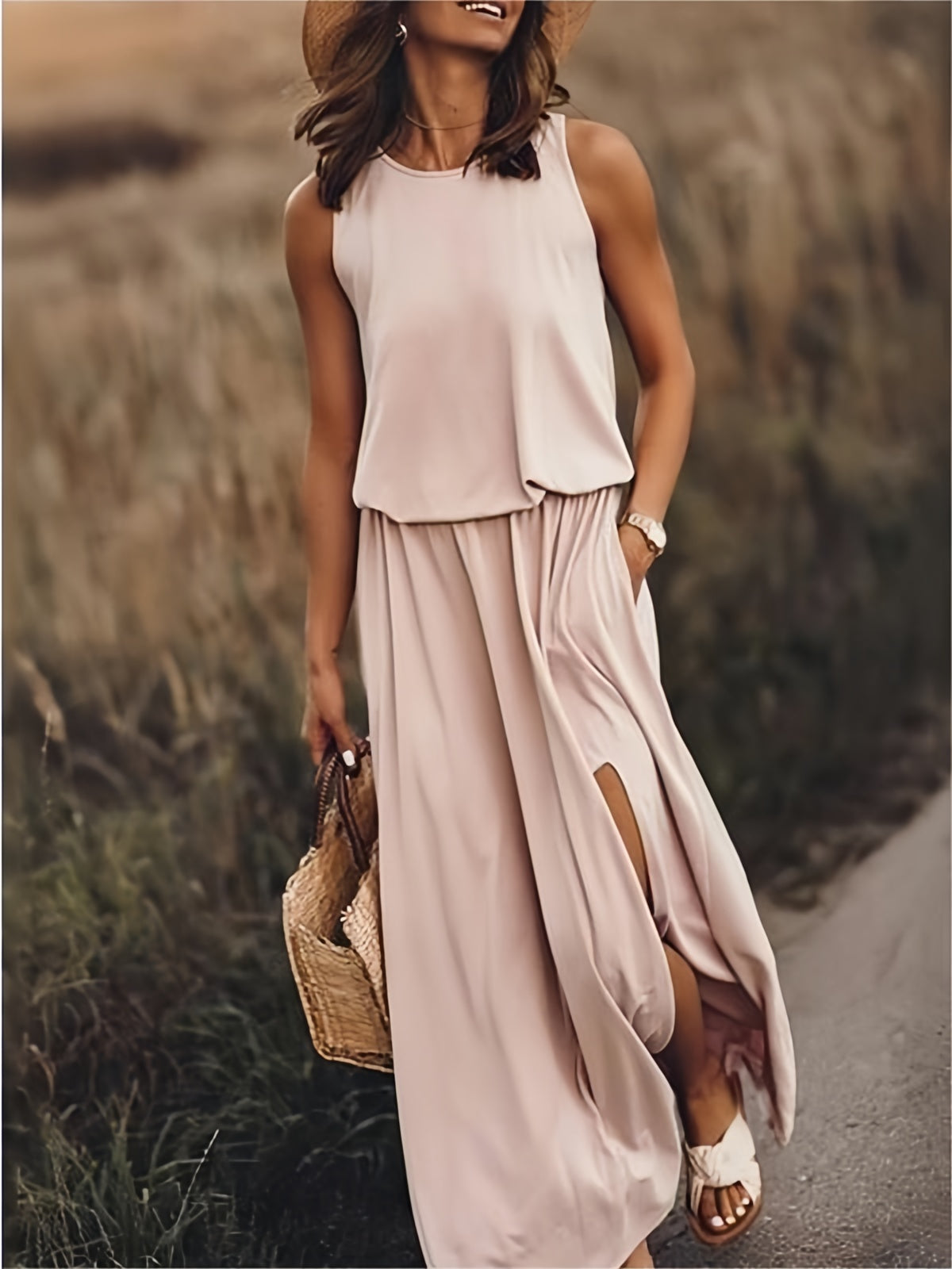 Tessa Blouson Maxi Dress | Round Neck Sleeveless Elastic Waist Side Slit