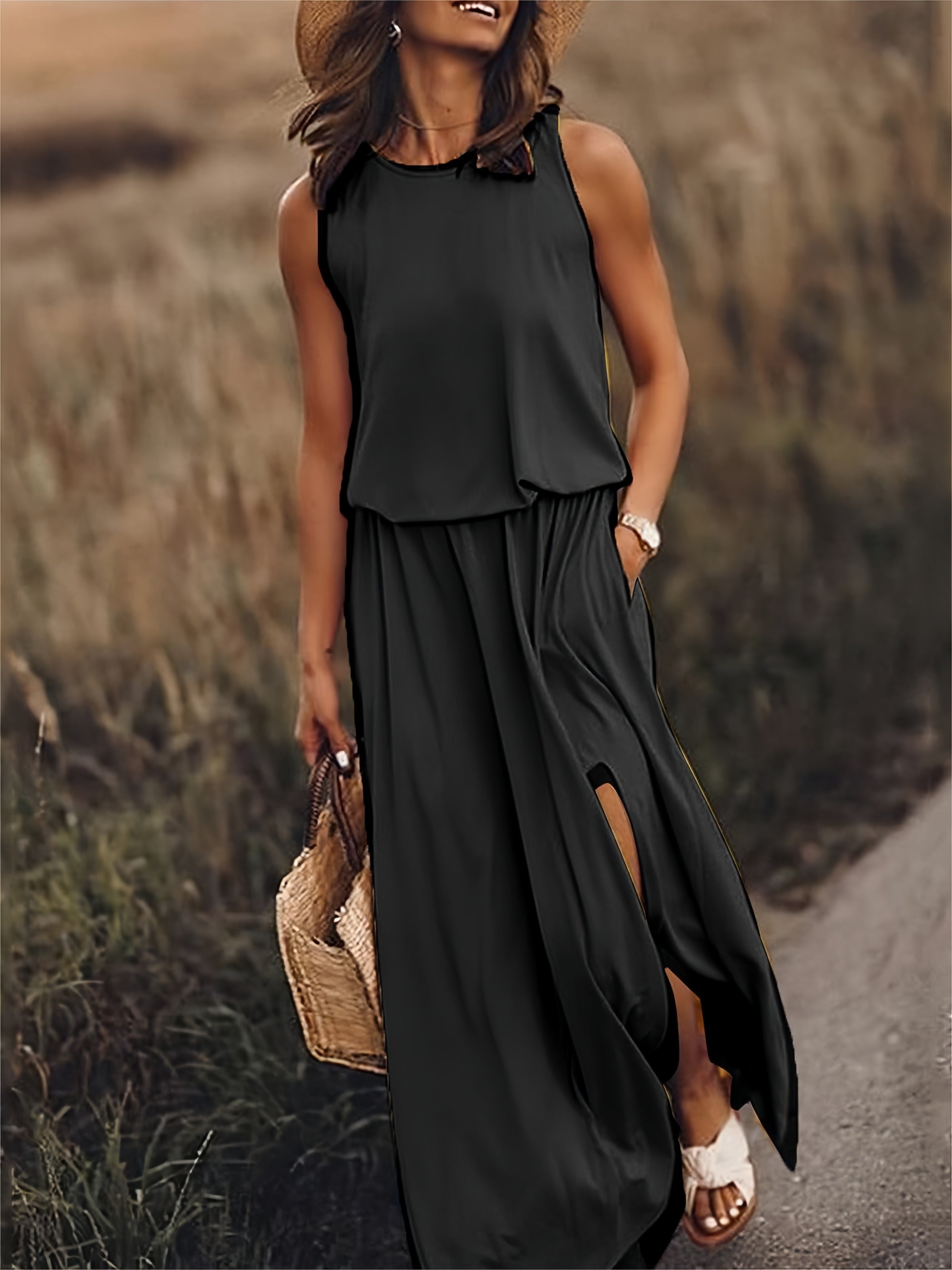 Tessa Blouson Maxi Dress | Round Neck Sleeveless Elastic Waist Side Slit