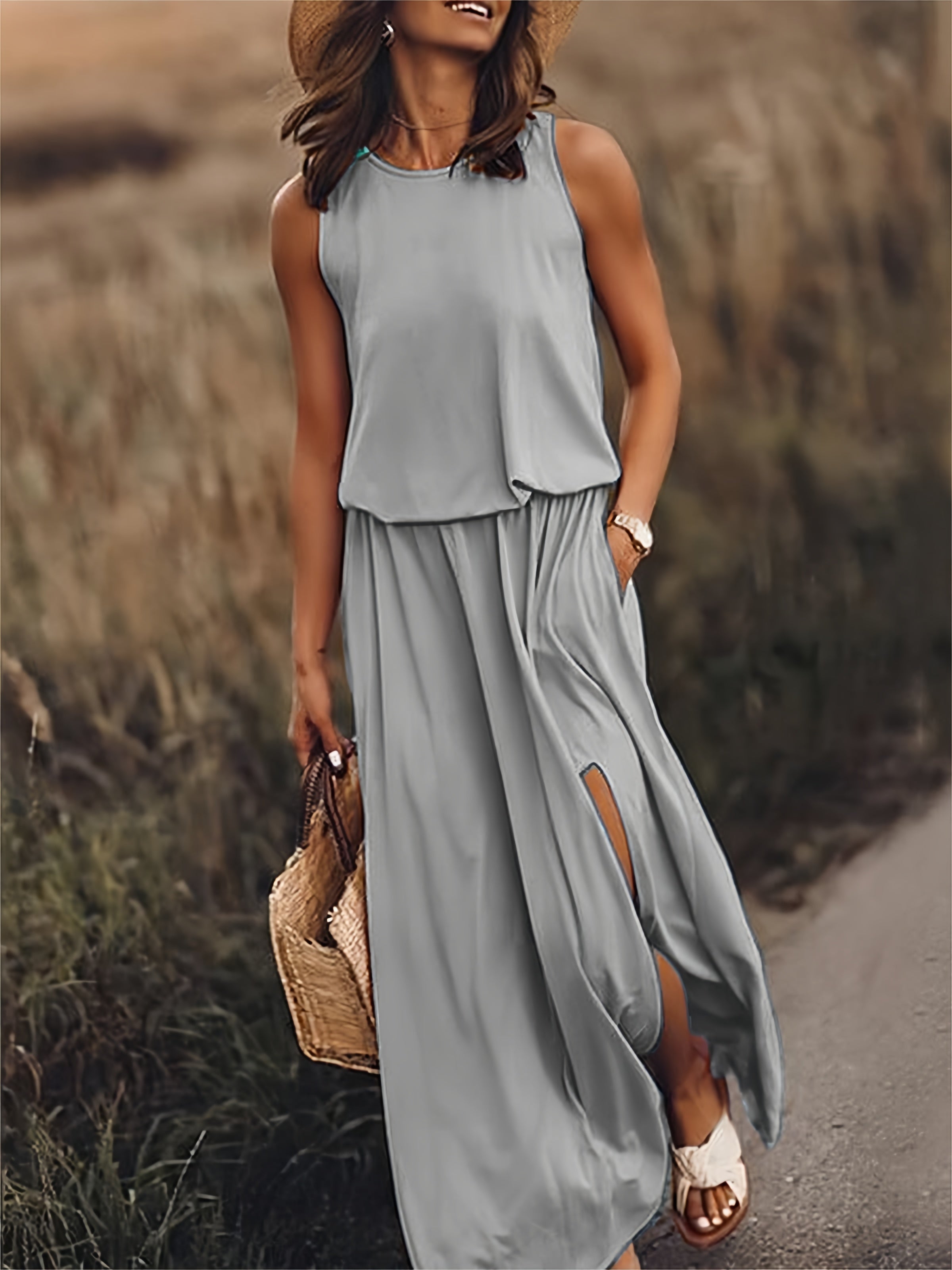 Tessa Blouson Maxi Dress | Round Neck Sleeveless Elastic Waist Side Slit