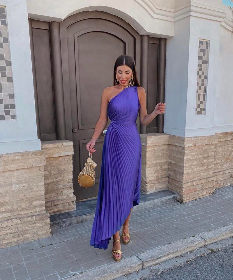 Women's One-Shoulder Asymmetric Midi Dress | Elegant Wedding Guest Evening Dress
