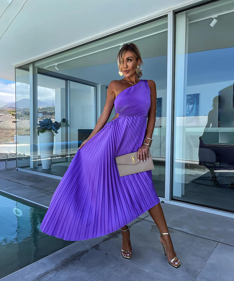 Women's One-Shoulder Asymmetric Midi Dress | Elegant Wedding Guest Evening Dress