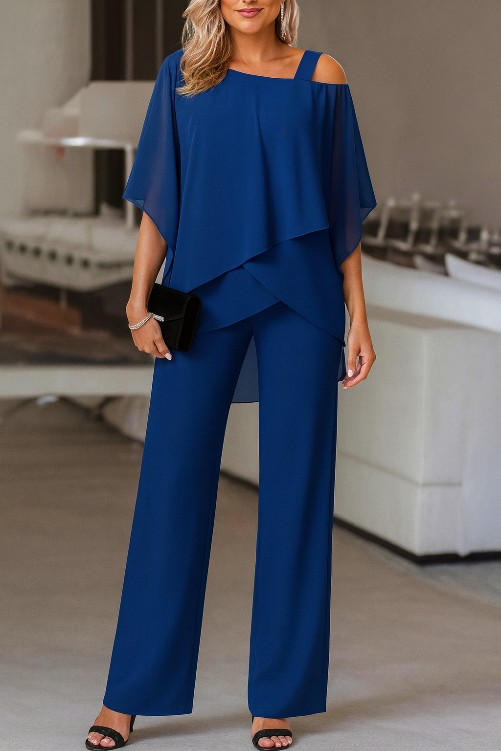 Women's Chiffon Pant Set | Cold-Shoulder Asymmetrical Two-Piece Set