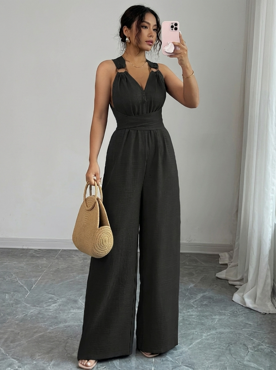 Women's Lace-Trim Jumpsuit Set | Cami Jumpsuit & Long-Sleeve Lace Top with Pockets