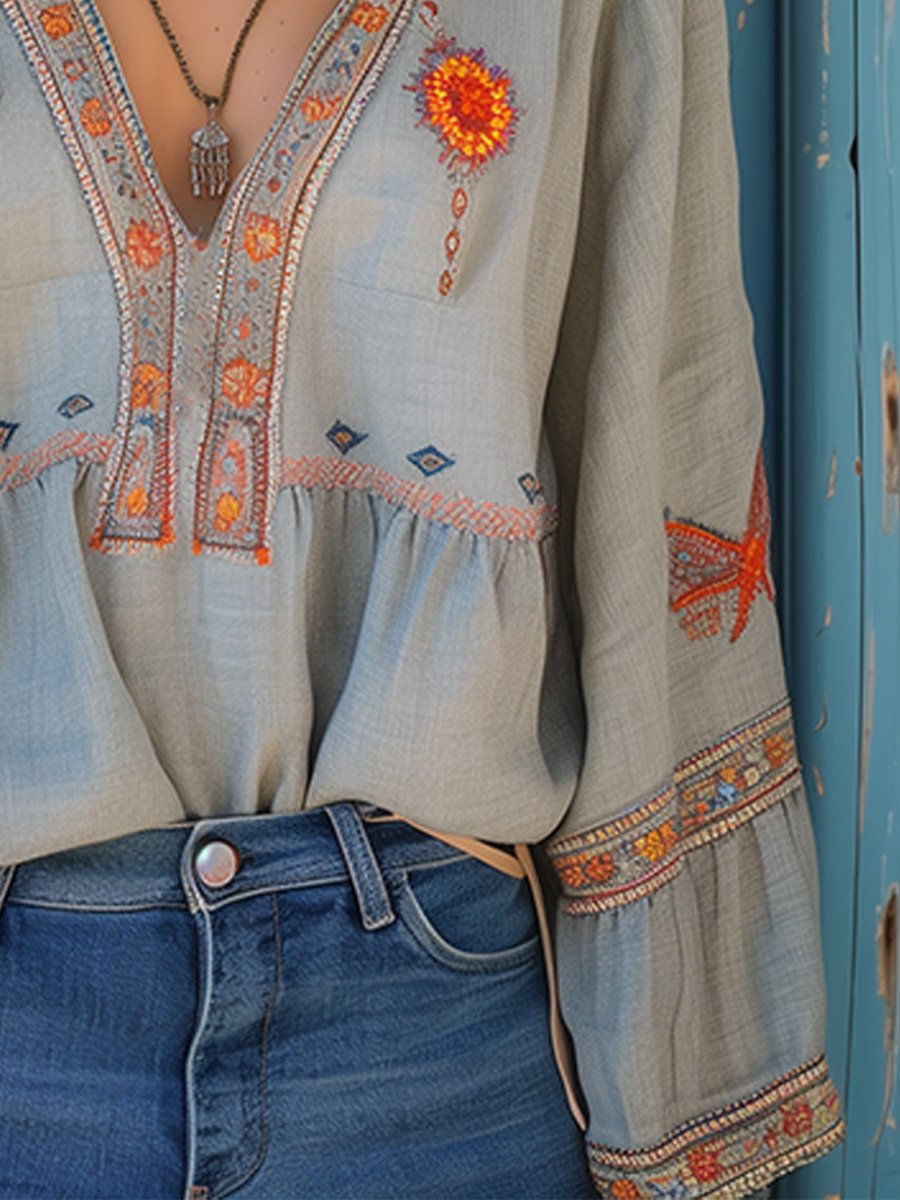 Women's Embroidered Cotton Blouse | Bohemian V-Neck Summer Top