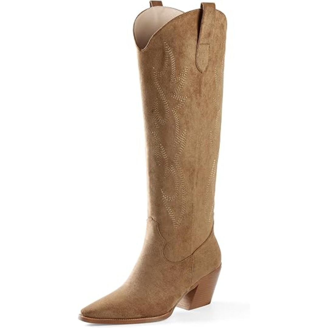 Women's Suede Western Cowboy Boots | Knee-High Block-Heel Boots