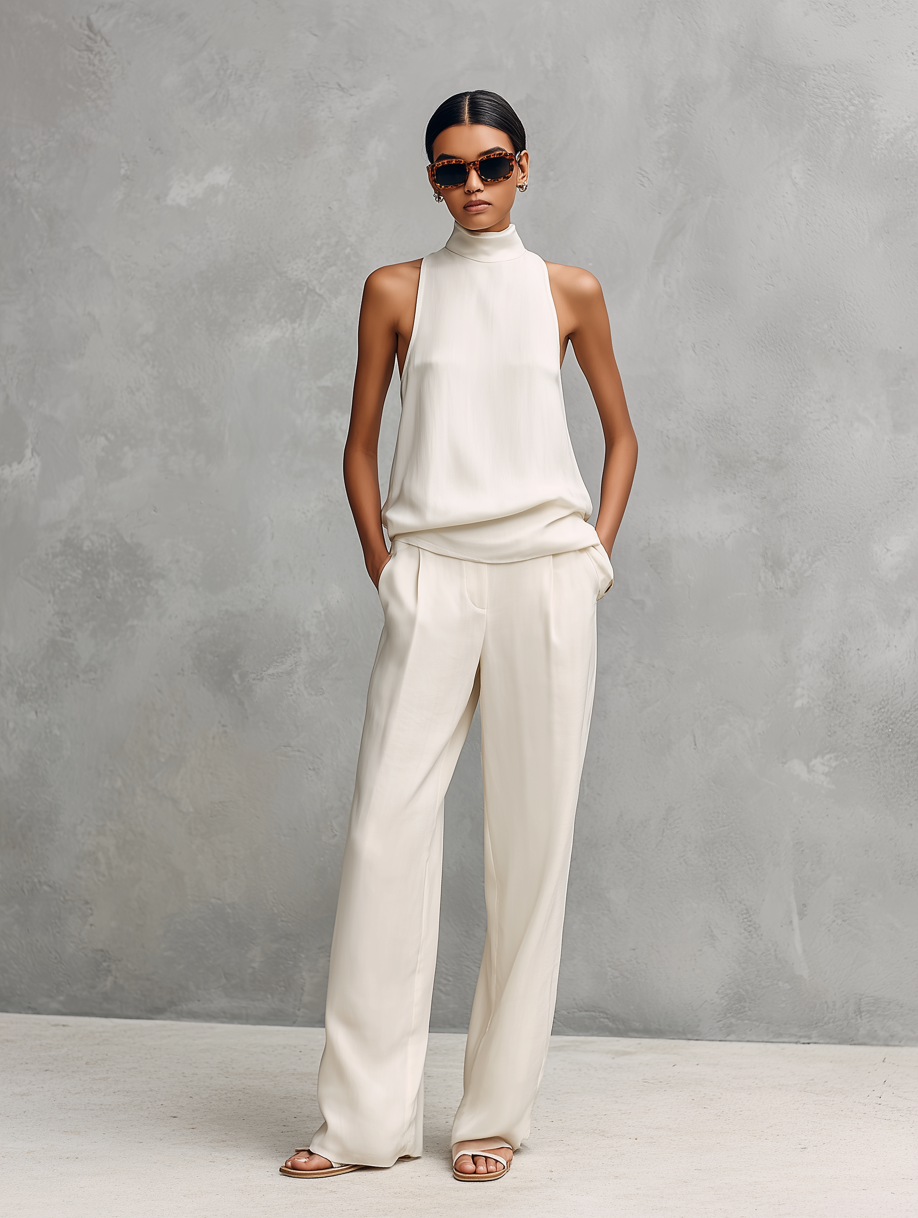 Women's Sleeveless Set | Elegant Round-Neck Top and Trousers Two-Piece