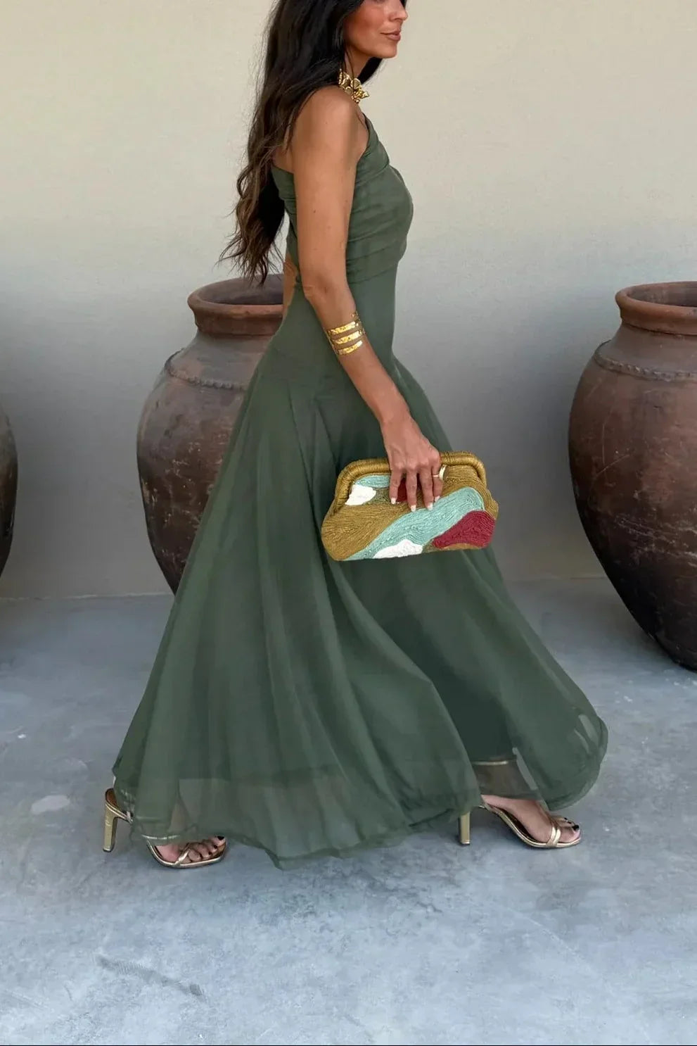 Women's Pleated One-Shoulder Maxi Dress | Graceful Flowing Summer Dress
