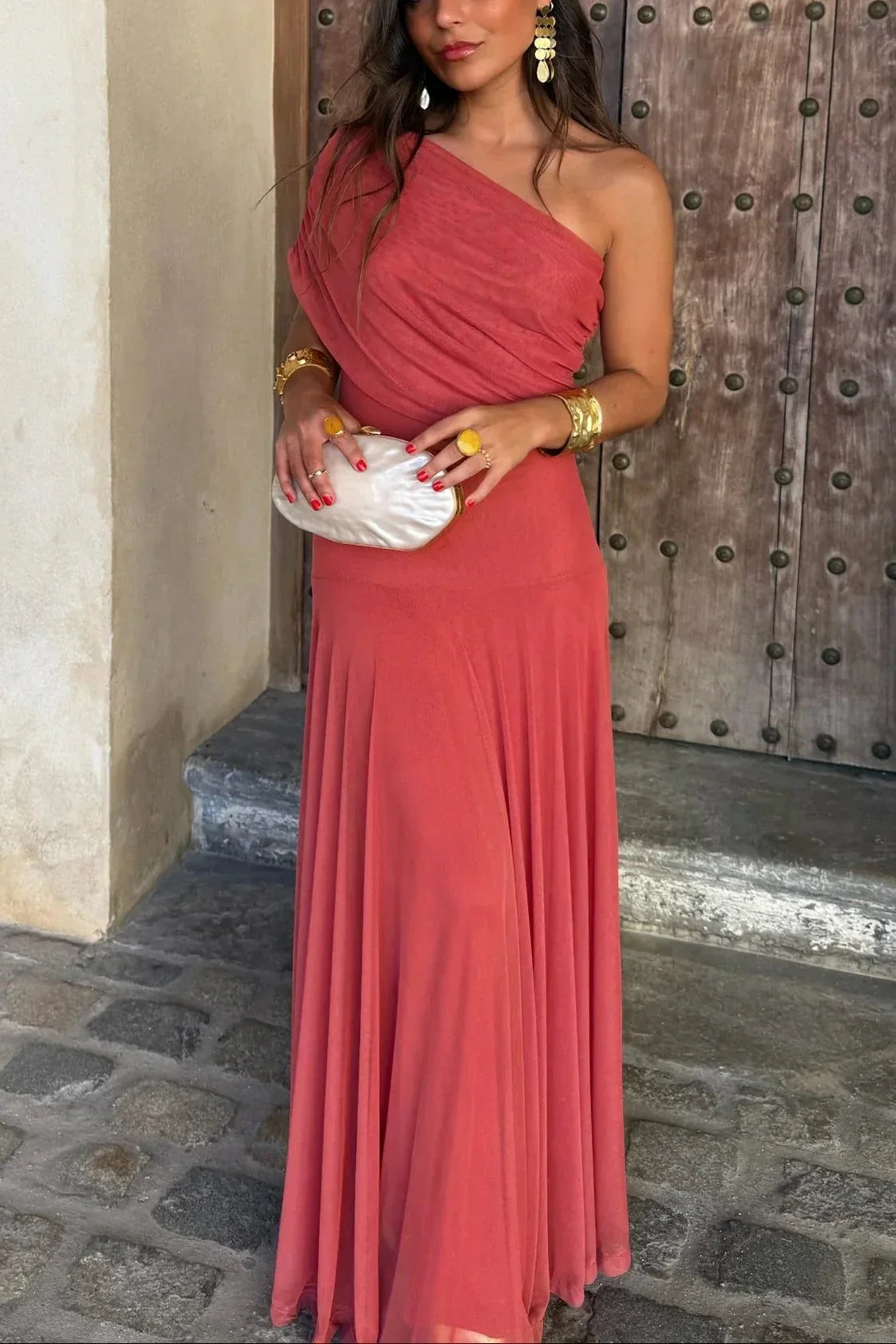 Women's Pleated One-Shoulder Maxi Dress | Graceful Flowing Summer Dress