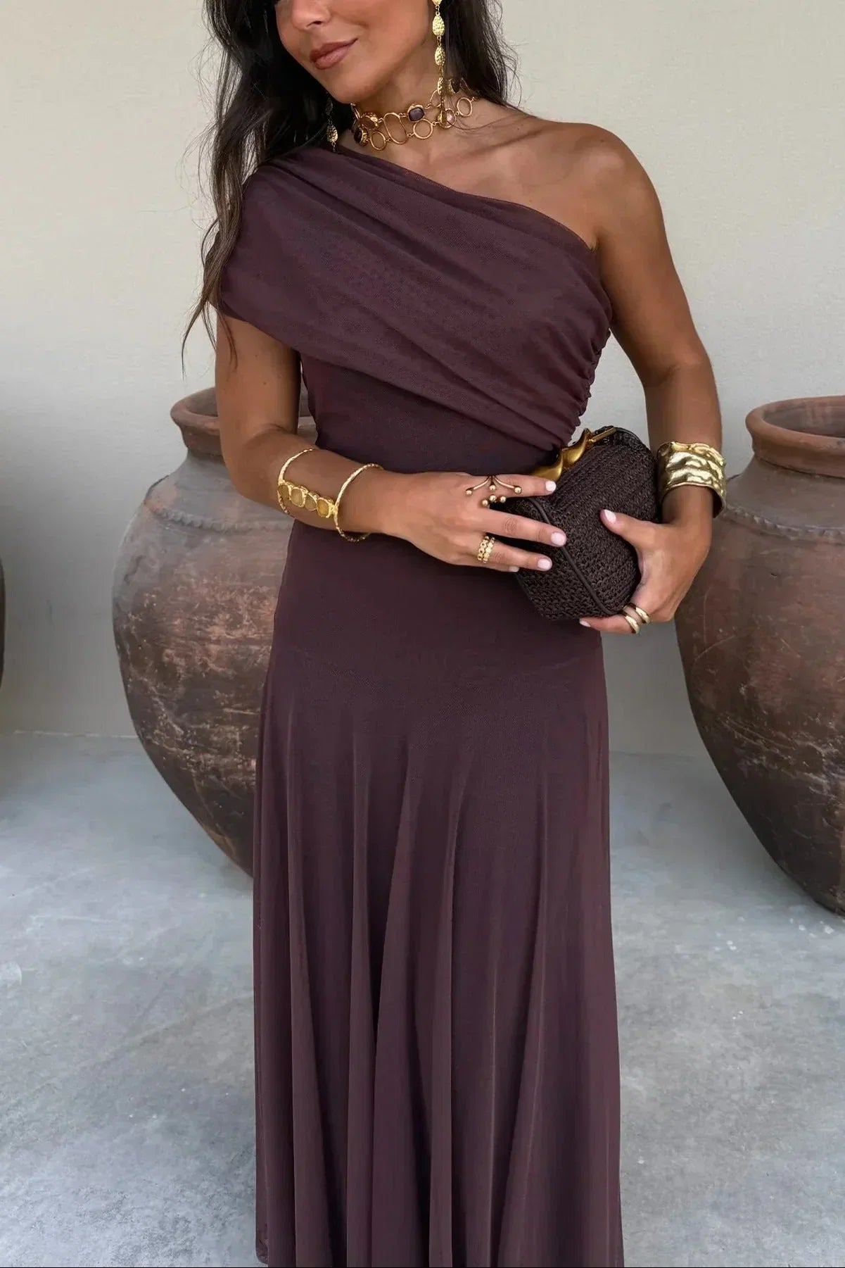 Women's Pleated One-Shoulder Maxi Dress | Graceful Flowing Summer Dress