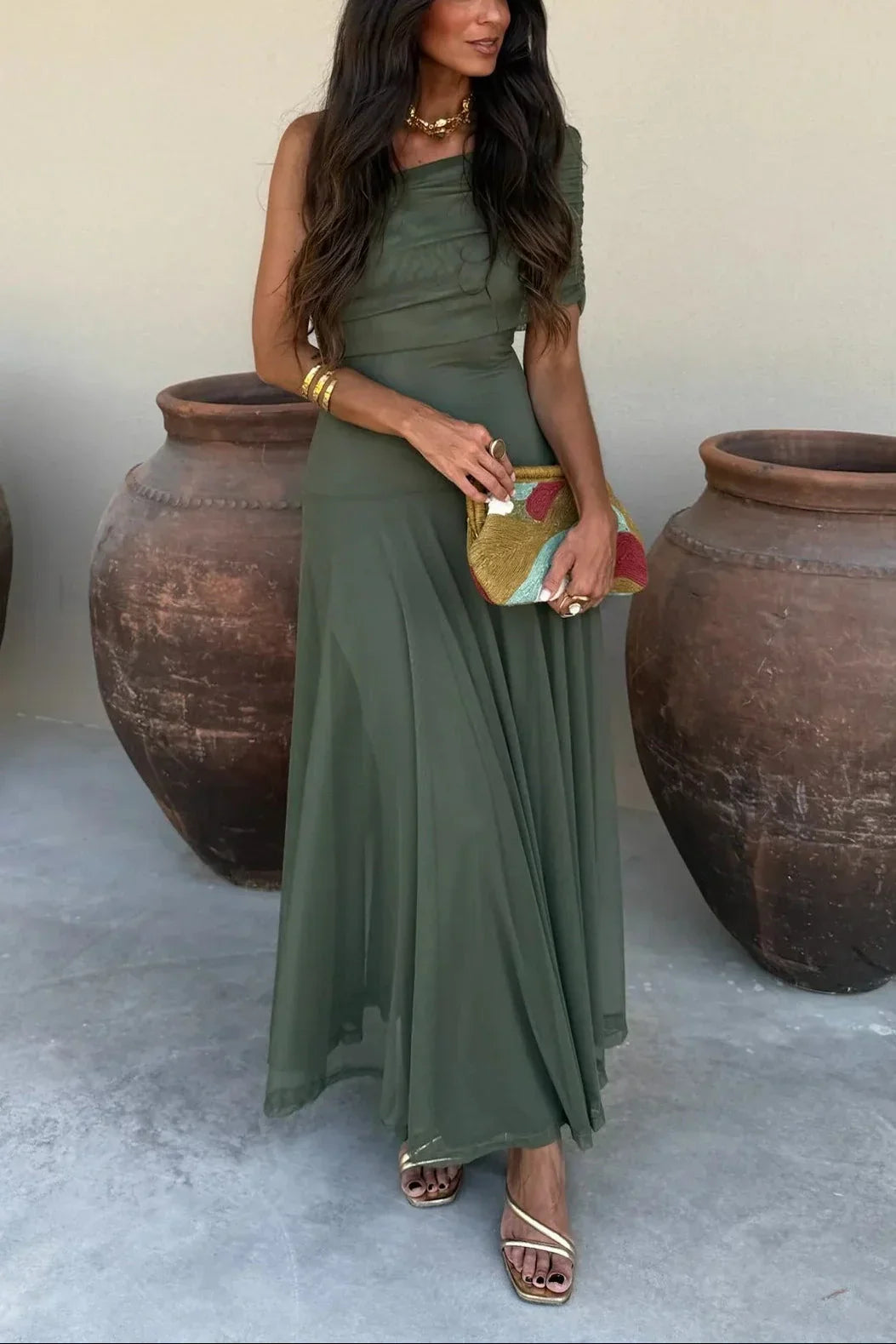 Women's Pleated One-Shoulder Maxi Dress | Graceful Flowing Summer Dress