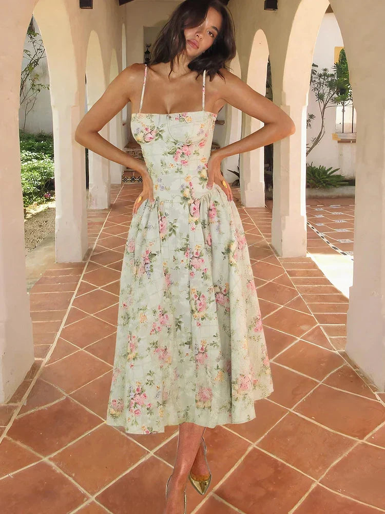 Hazel Floral Corset Midi Dress | Spaghetti Strap A-Line Wedding Guest