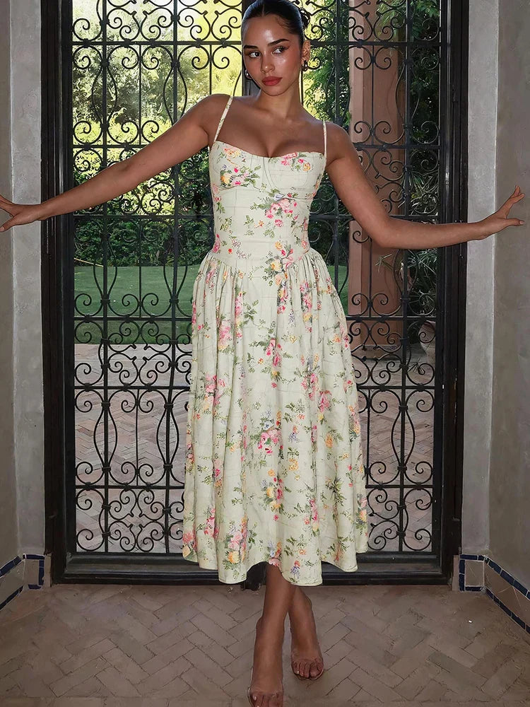 Hazel Floral Corset Midi Dress | Spaghetti Strap A-Line Wedding Guest
