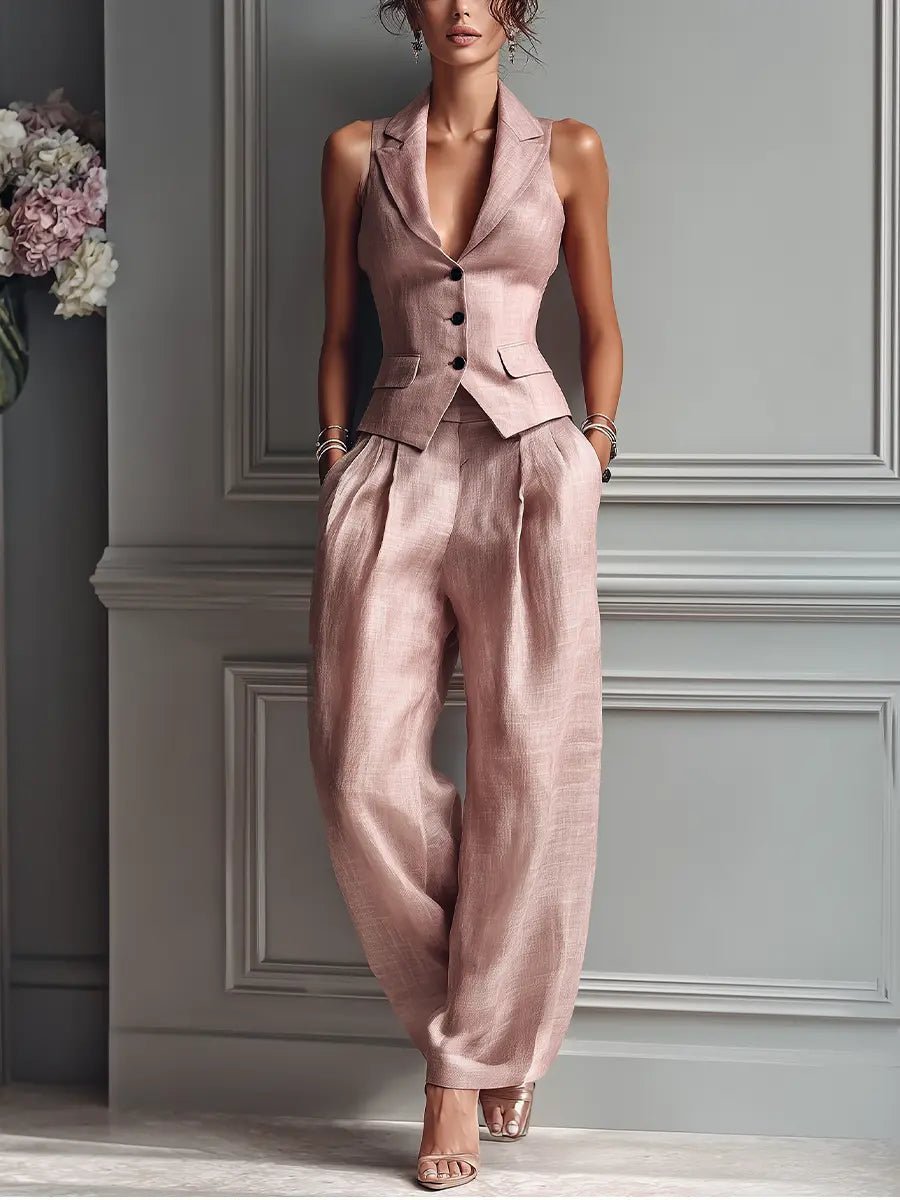 Women's Linen-Style Two-Piece Vest Set | Tailored Elegant Wide-Leg Pants Set