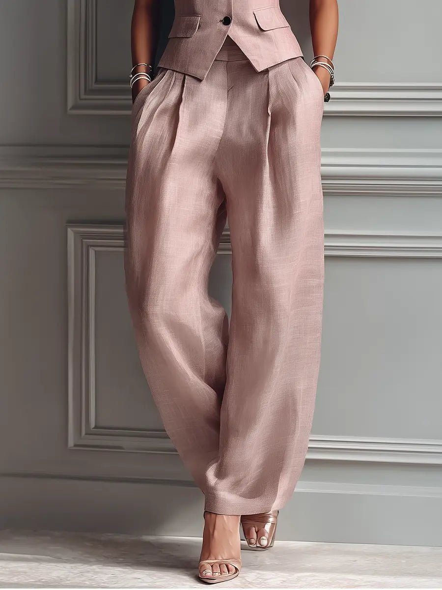 Women's Linen-Style Two-Piece Vest Set | Tailored Elegant Wide-Leg Pants Set