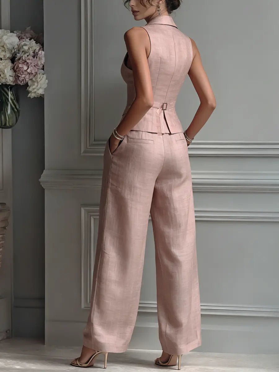 Women's Linen-Style Two-Piece Vest Set | Tailored Elegant Wide-Leg Pants Set