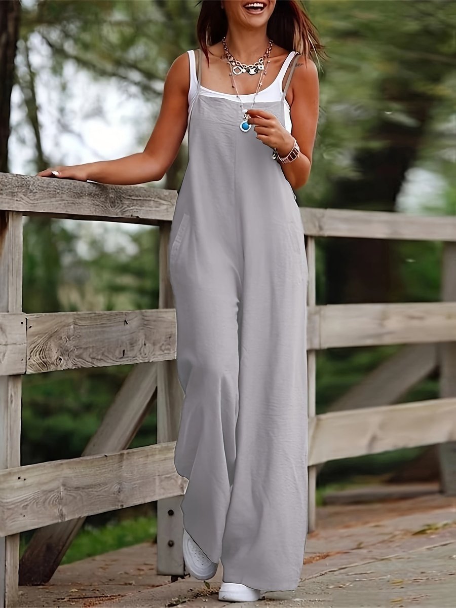 Women's Linen Bib Overall Jumpsuit | Relaxed Wide-Leg Sleeveless Jumpsuit