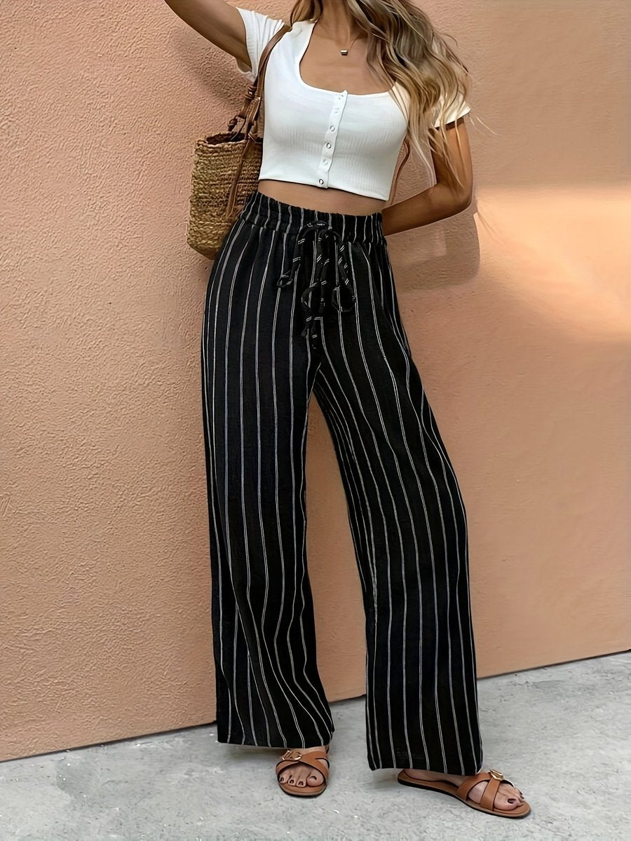 Women's Striped Linen Wide-Leg Pants | Breezy High-Waist Drawstring Pants