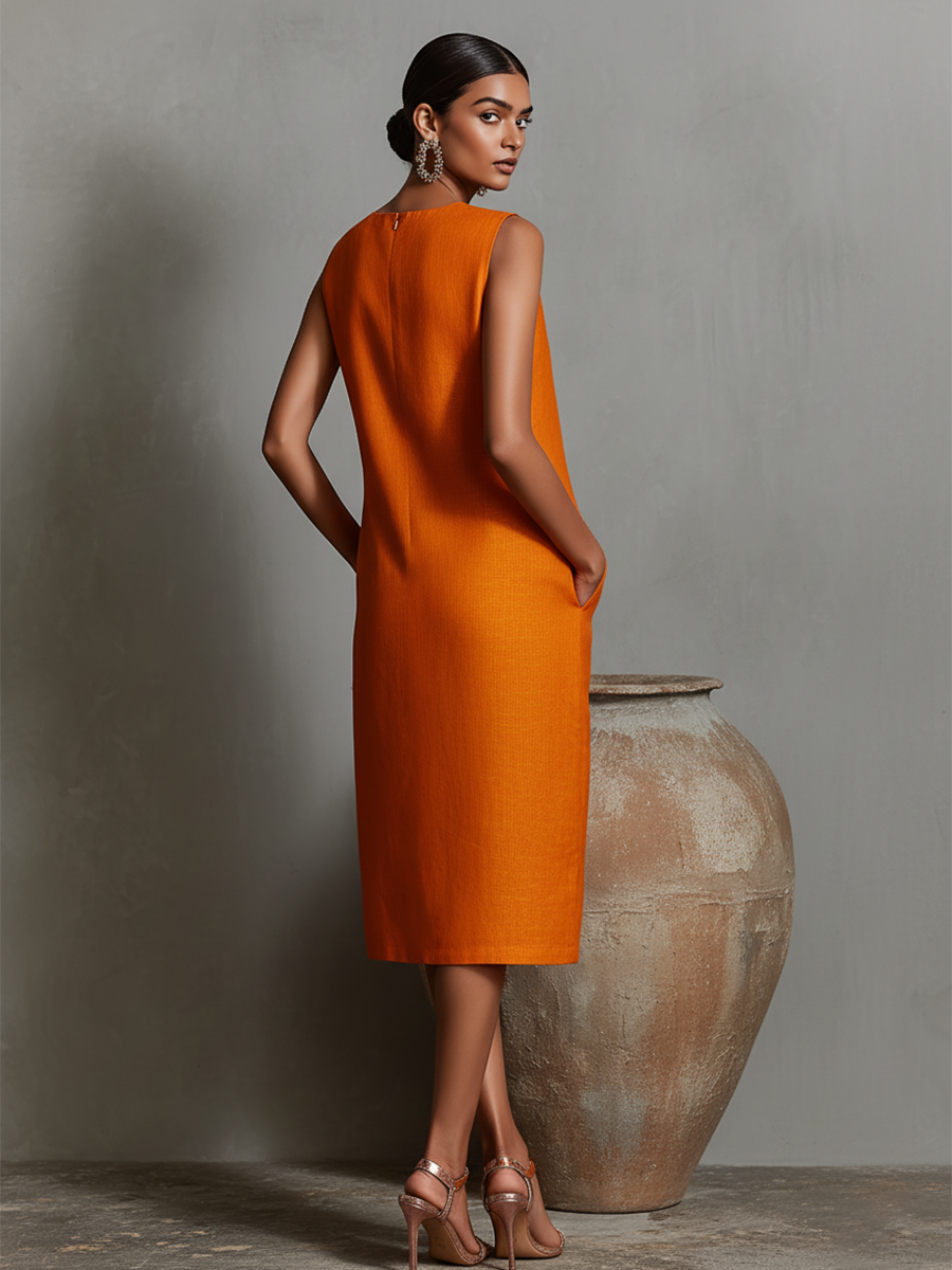 Women's Sheath Dress | Sleeveless Round-Neck Midi Dress with Pockets