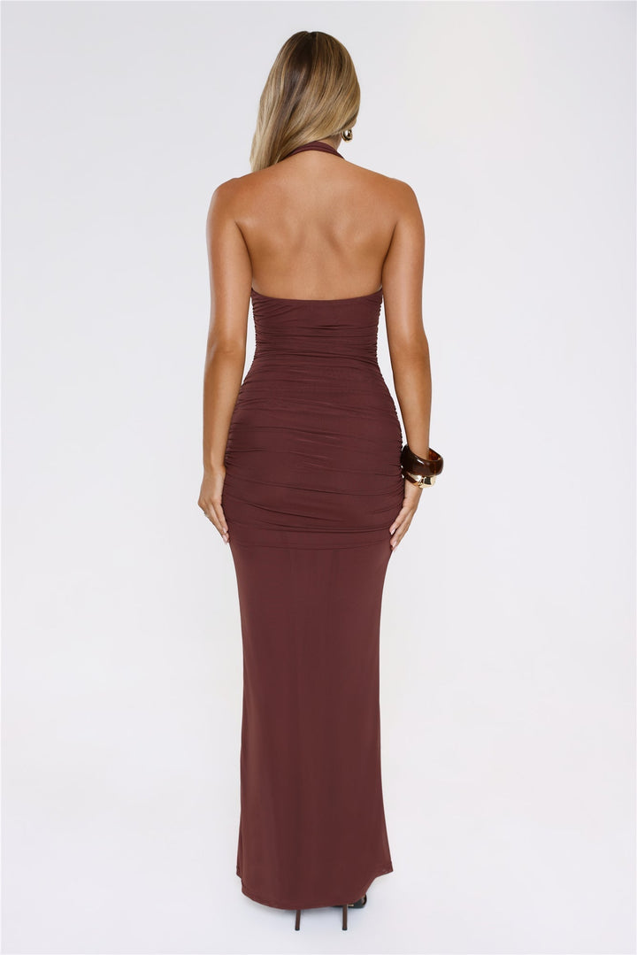 Valeria Ruched Maxi Dress Chocolate Brown