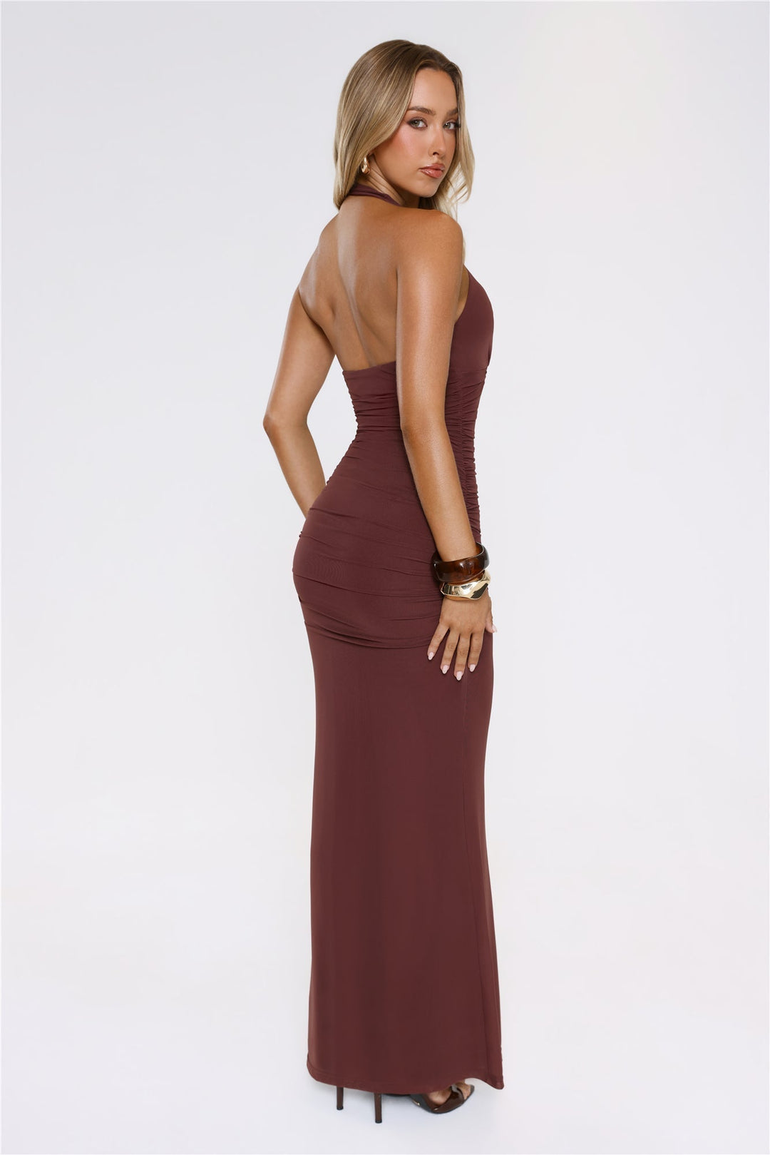Valeria Ruched Maxi Dress Chocolate Brown