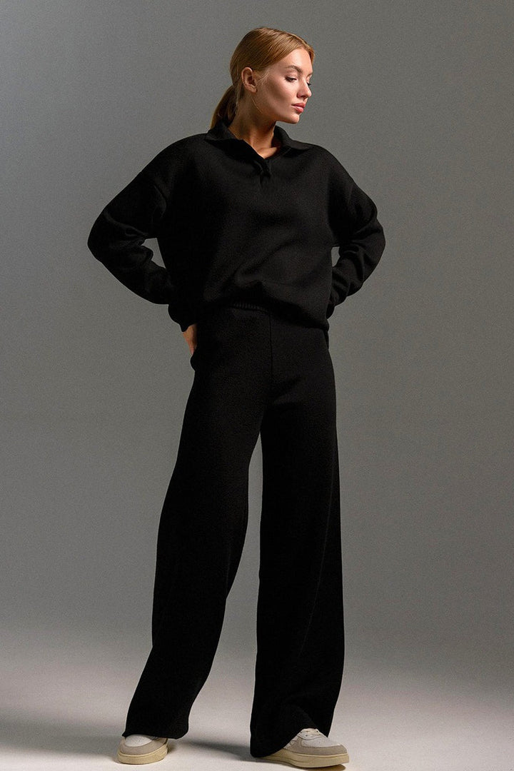Duttini | Polo Collar Knit Pullover and Wide-Leg Pants Set