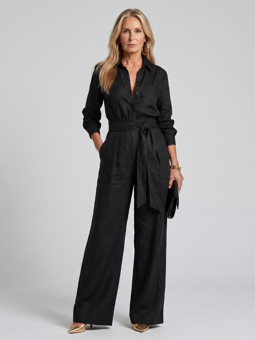 Women's Button-Front Wide-Leg Jumpsuit | Elegant Long-Sleeve Utility Jumpsuit