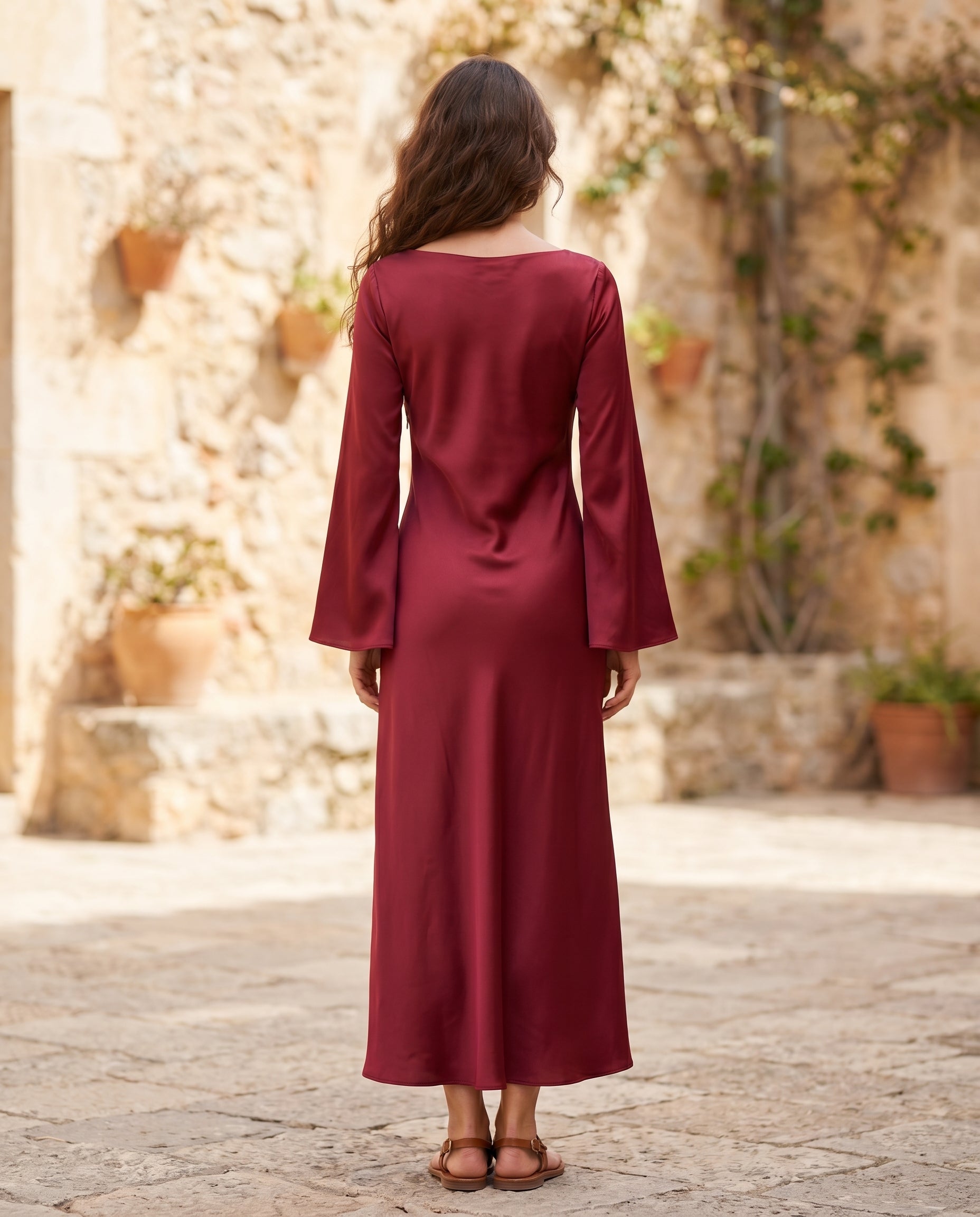 Women's Satin Bell-Sleeve Maxi Dress | Elegant Boat-Neck Evening Gown
