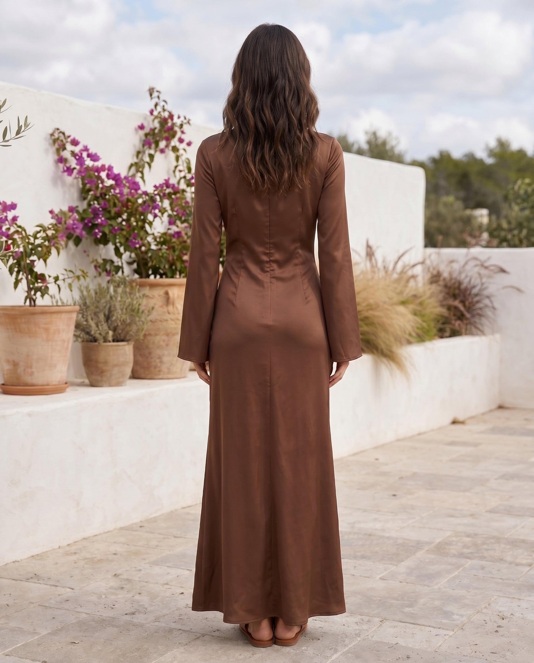 Women's Satin Bell-Sleeve Maxi Dress | Elegant Boat-Neck Evening Gown
