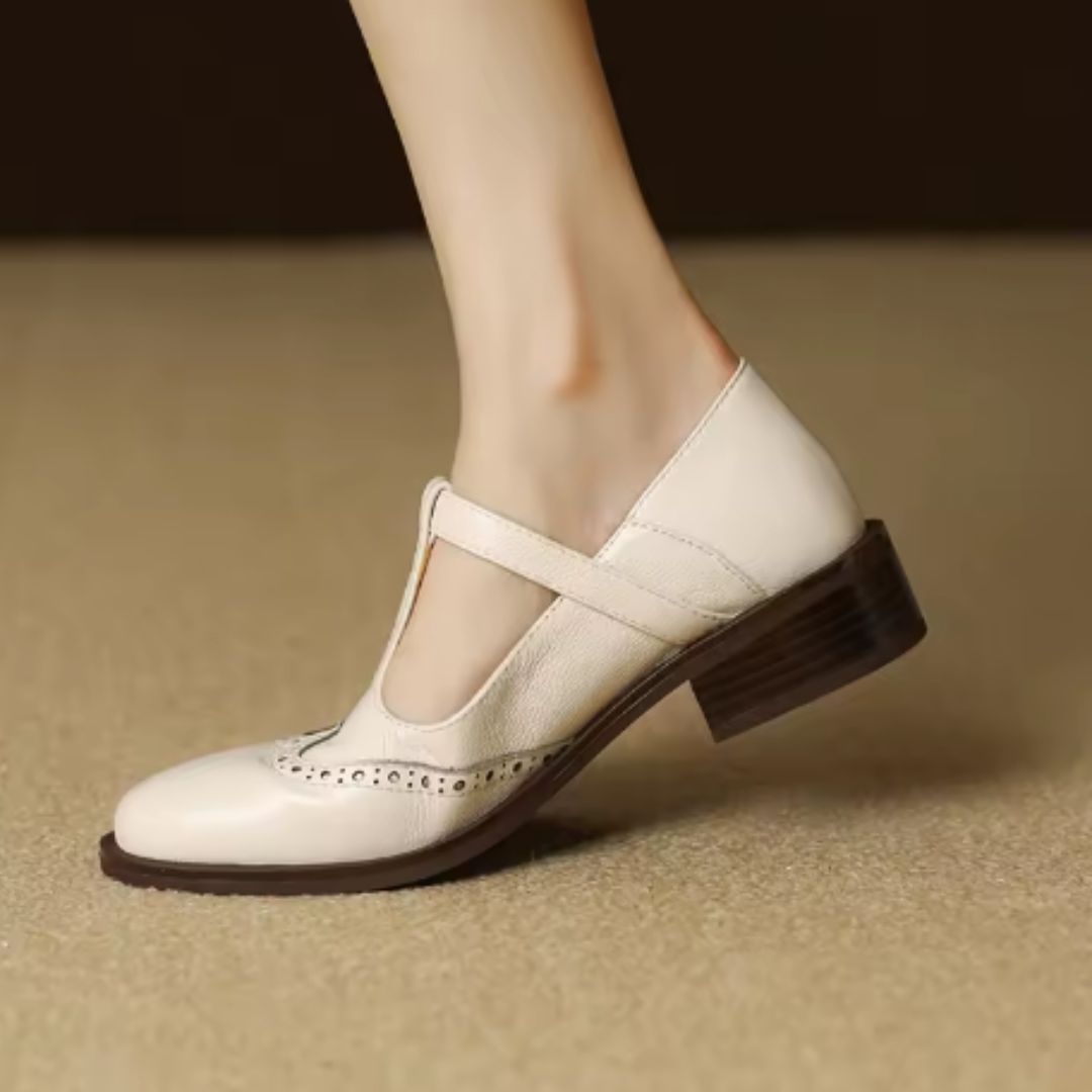Women's Leather T-Strap Mary Jane Shoes | Low Block Heel Pumps